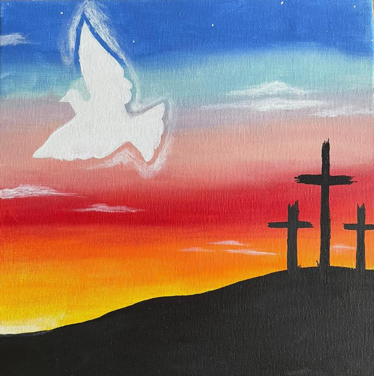 Gemälde: Berg mit Kreuzen im Abendlicht mit Friedenstaube
