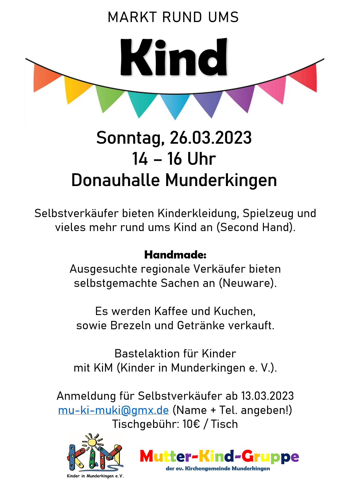 Plakat für den Markt "Rund ums Kind" mit bunter Fahnengirlande und Zeiten: Sonntag, 26.02., 14-16 Uhr in der Donauhalle