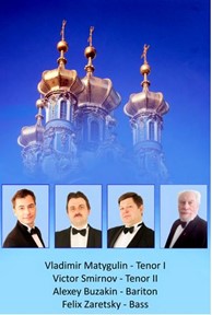Plakat mit russischer Kirche und den Porträts der Sänger